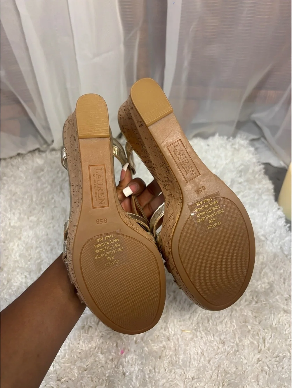 Lauren Ralph Lauren Gold Cork Wedge Coastal Sandals Metallic Strappy Size 8.5